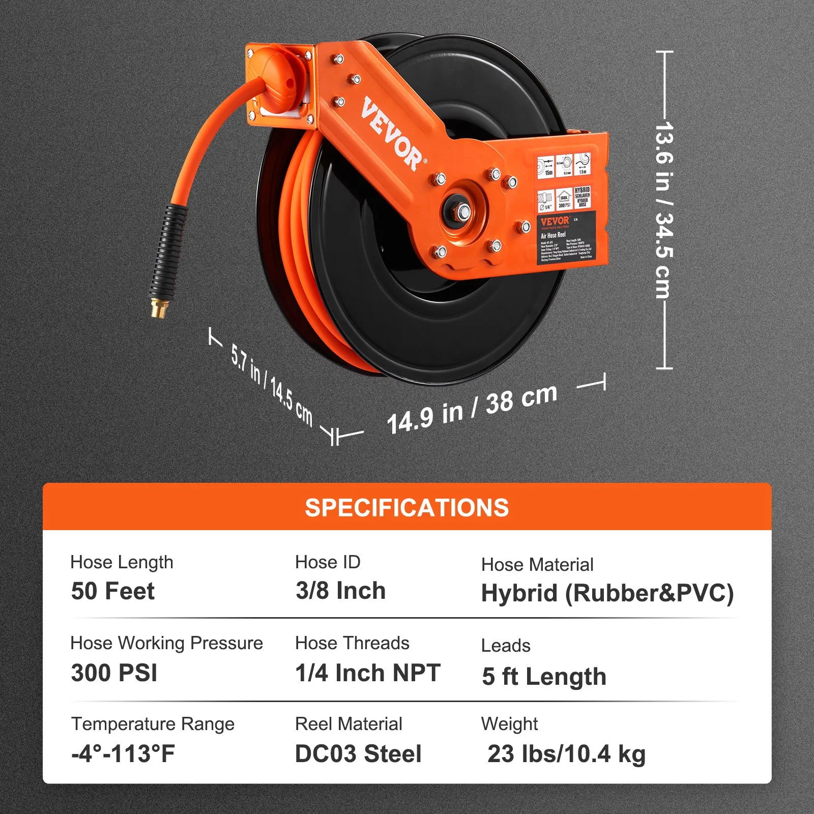 CARRETE ABIERTO WMT-VVRAHR VEVOR P/ AIRE, 3/8", 50 PIES